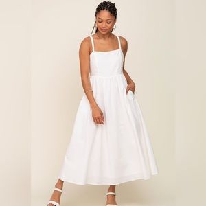 White Linen Square Neck Lace-Up Back Midi Dress